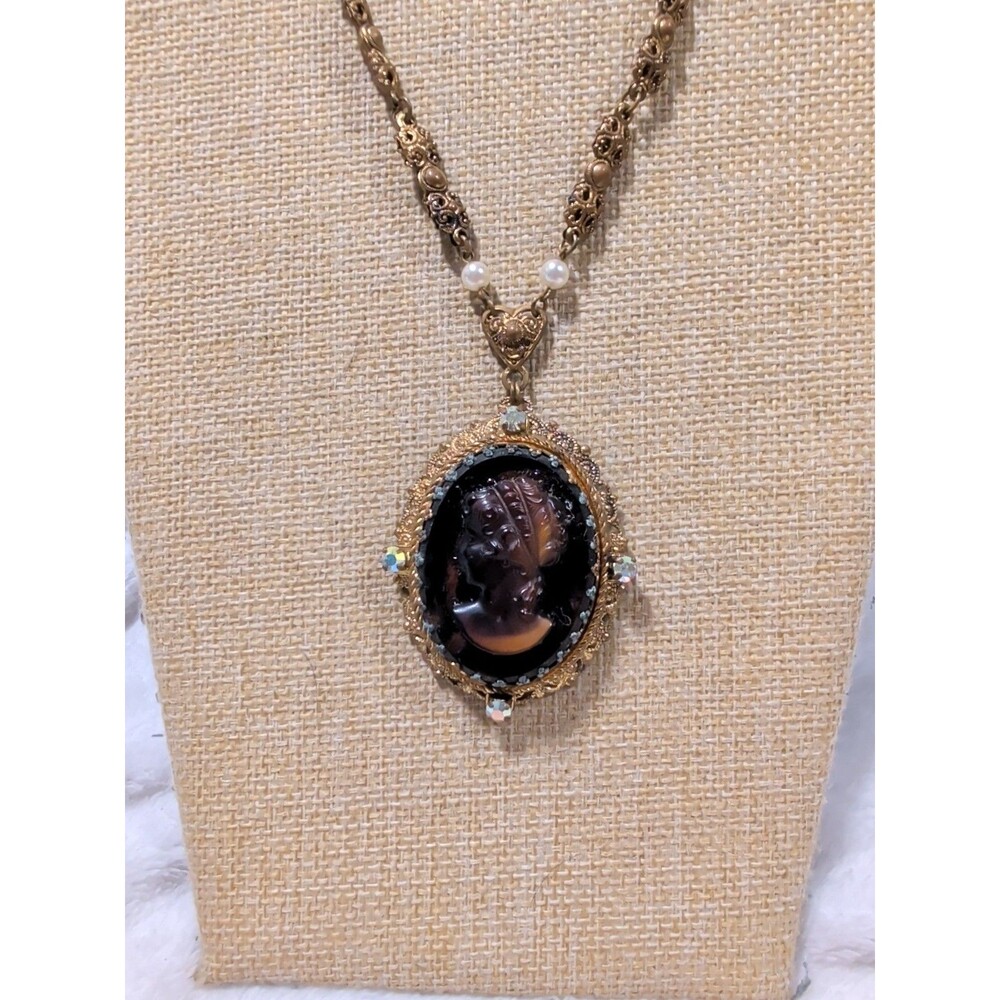 Vintage Signed West Germany Brown Cameo AB Rhinestone Gold Tone Necklace CJ-46